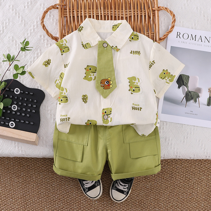 Toddler Boys Outfit Set 0-5 Years Summer Baby Boy Clothes Fashion All Over Print Dinosaur Turn-down Collar Short Sleeve Shirts and Shorts Two Piece Set Kids Clothing