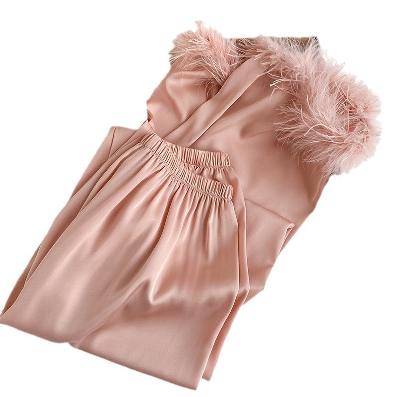 Luxury Brand Designer Womens Removable Feather Ice Silk Satin Pajama Set Long Loungewear Wearable Outside Comfortable Versatile Stylish Chic Premium E