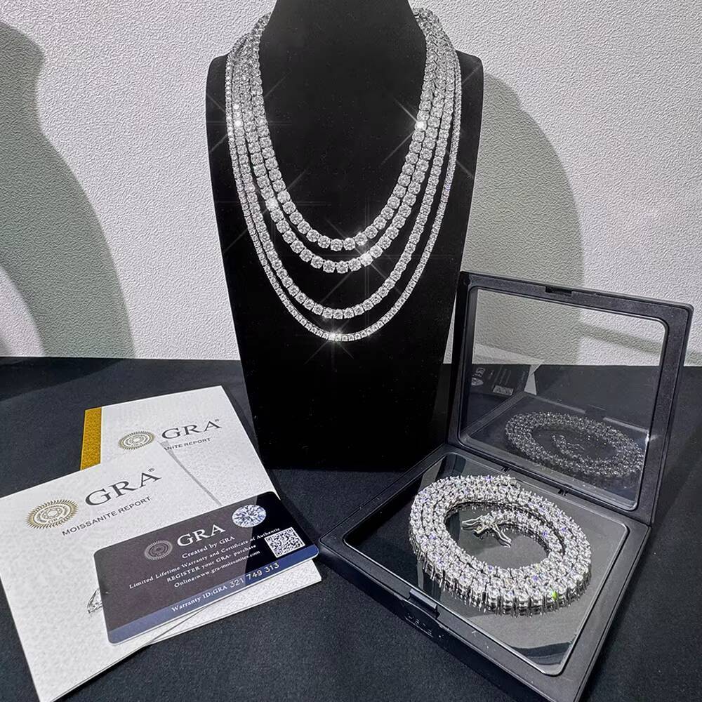 Classic Moissanite Tennis Necklace 4mm 925 Sterling Silver VVS Iced Out Moissanite Tennis Chain