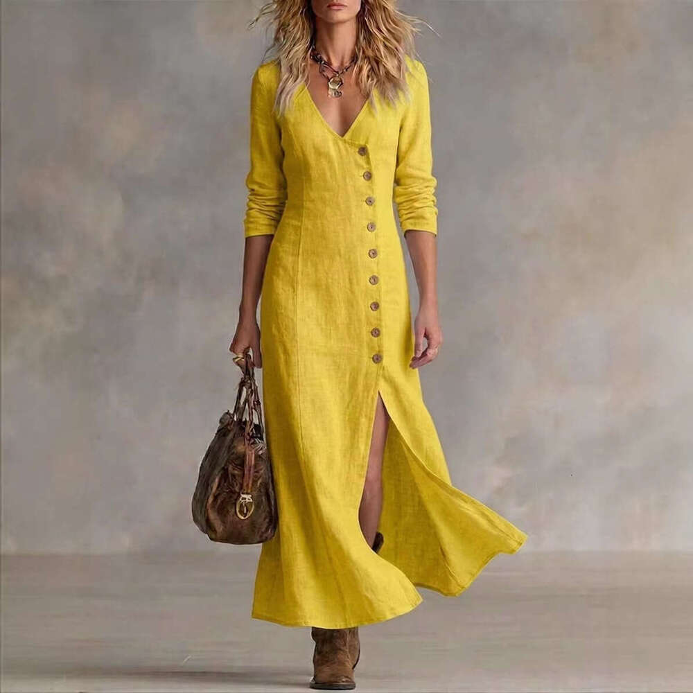 2026 New Spring Summer Casual Fashion Women's Linen Cotton Dress Long Sleeve Button Placket Midi Dress for Amazon Cross-Border MAKOUFEI