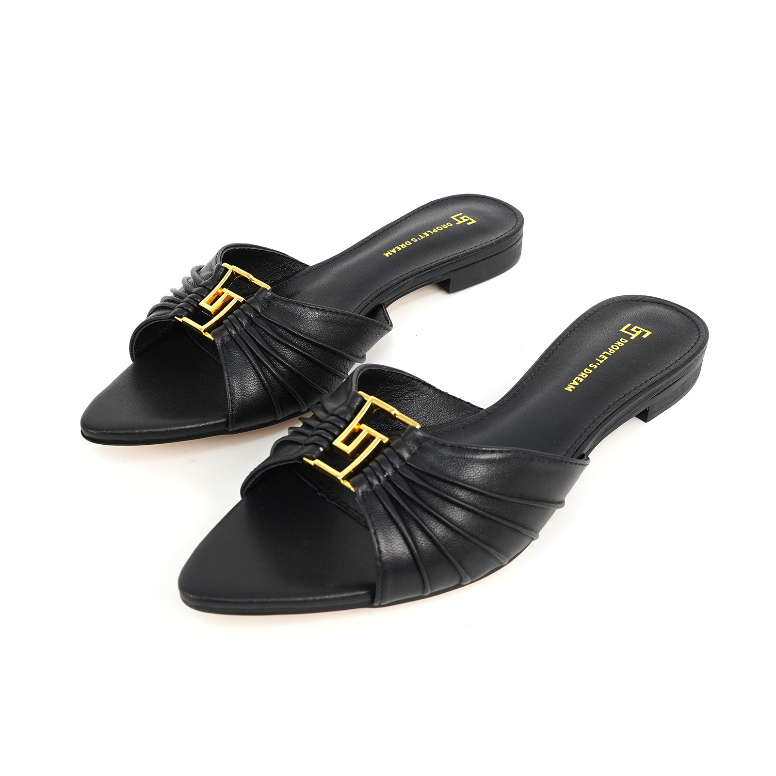 Women Classic Red Metal Buckle Slide Mules, Pointed Toe Pleated Flat Casual Outdoor Daily Dress Slippers