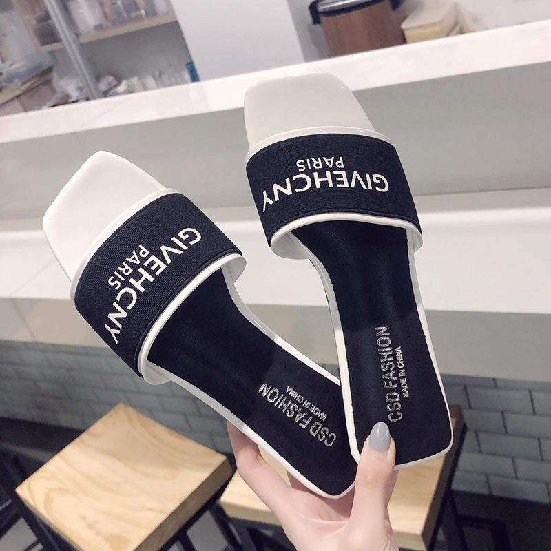 Women's Letter Print Heeled Slides Fashion Slip-on Dress Sandals Korean-style letter print flat summer outdoor wear slip-on sandals for beach