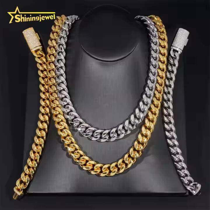 PVD Plated 14MM 316L Stainless Steel Cuban Chains 925 Silver VVS Moissanite Lock Fashion Men Hip Hop Necklace Bracelet