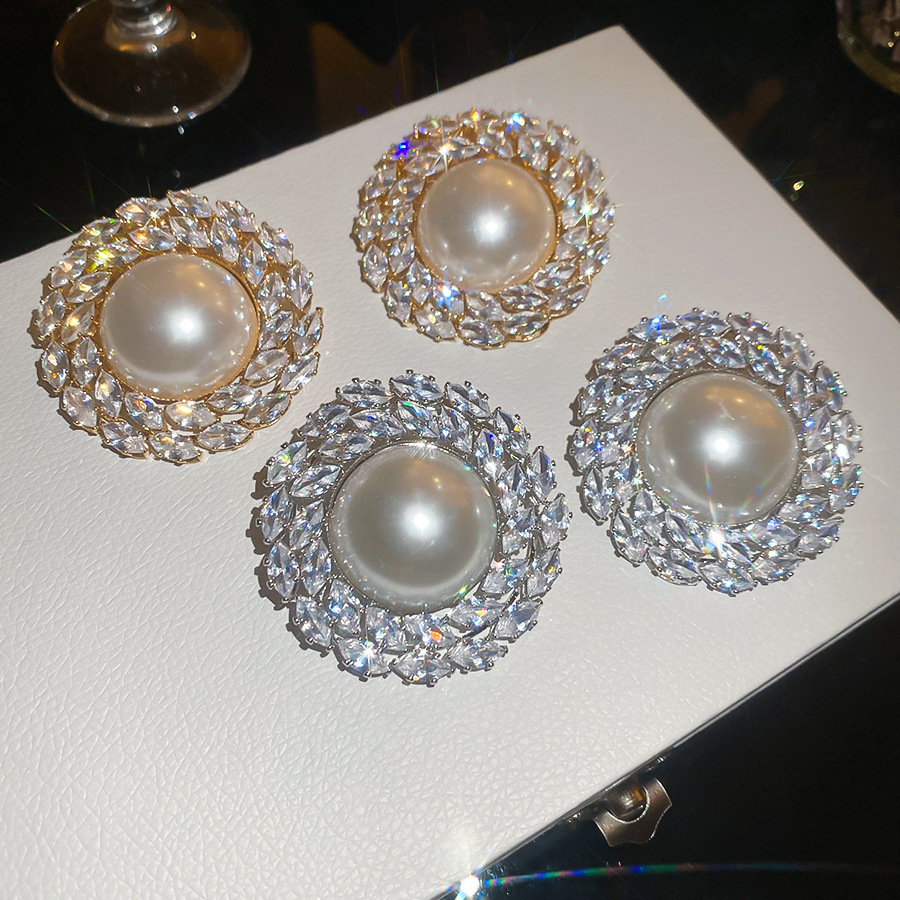 Silver needle zircon round pearl European American cross-border fashion, exaggerated elegant earrings, light luxury and high-end feel, women's ea - view 3