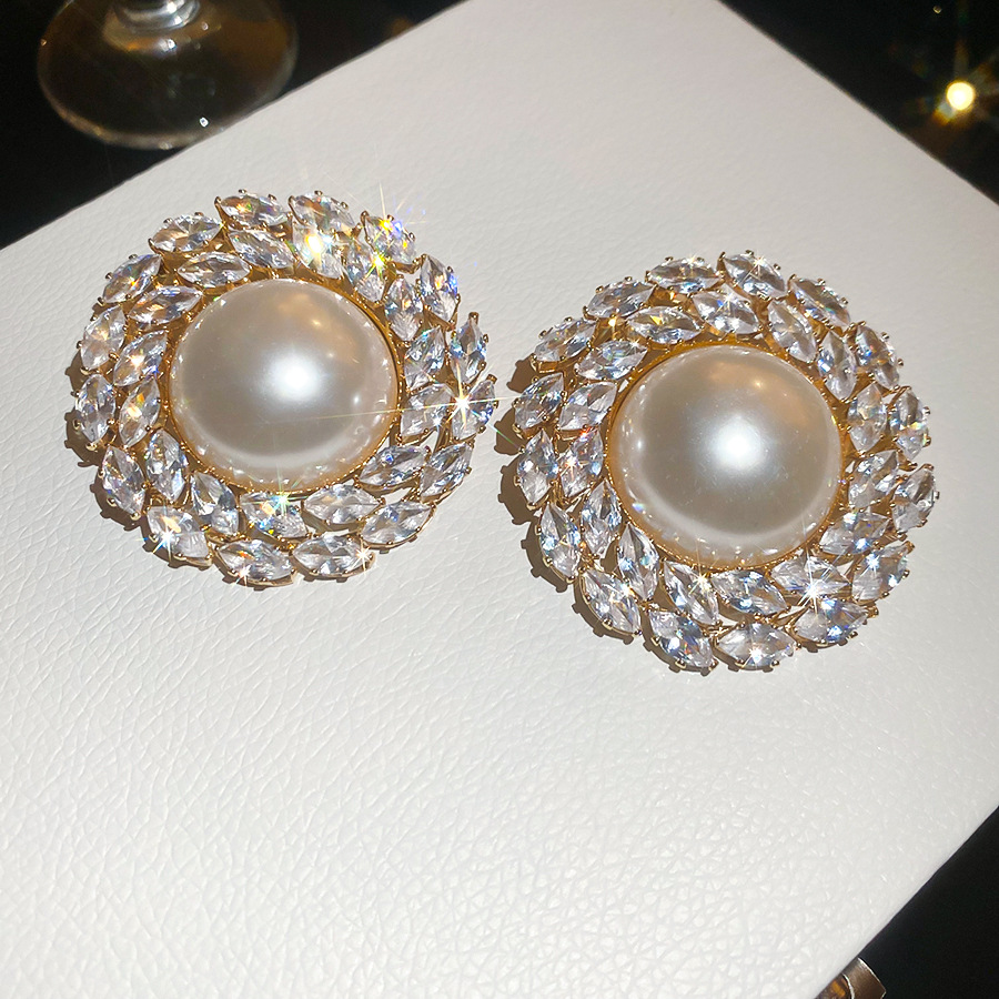 Silver needle zircon round pearl European American cross-border fashion, exaggerated elegant earrings, light luxury and high-end feel, women's ea - view 7