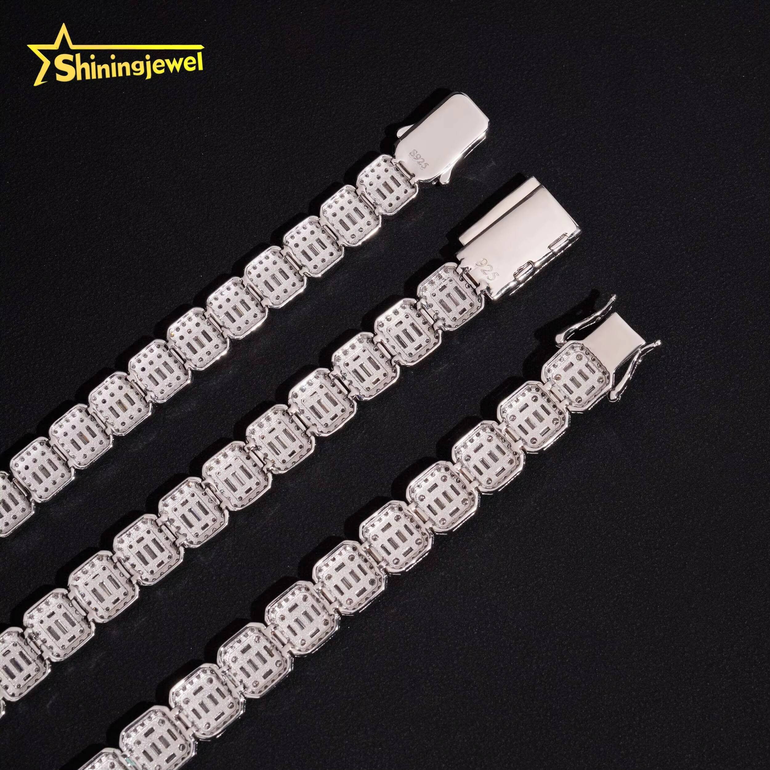 3 Styles Fashion Men 10mm Baguette Cut VVS Moissanite Solid 925 Silver Hip Hop Jewelry Iced Out Cuban Link Chain Bracelet