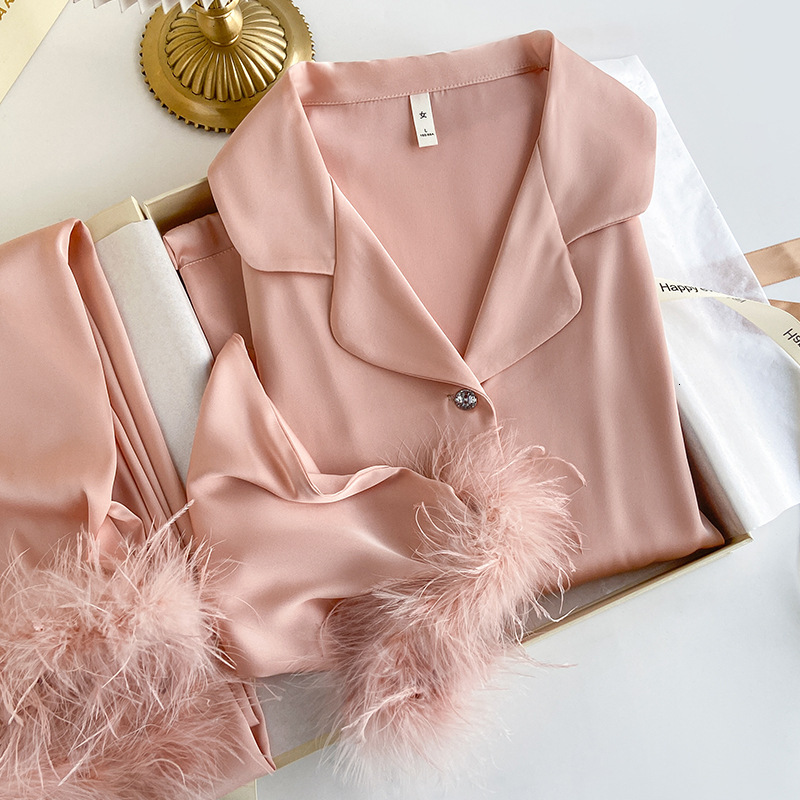 Luxury Brand Designer Womens Removable Feather Ice Silk Satin Pajama Set Long Loungewear Wearable Outside Comfortable Versatile Stylish Chic Premium E