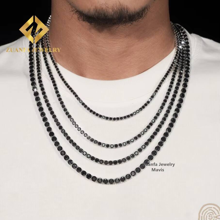 Worldwide Shipping Hip Hop Iced Out Tennis Necklace 925 Sterling Silver 3MM 35MM 4MM 5MM VVS Black Moissanite Tennis Chain