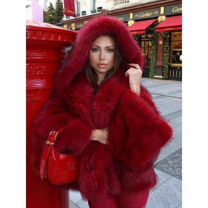 Solid Color Hooded Faux Fur Coat for Women Warm Comfortable Eye-Catching Fashion Winter Outerwear European American Cross-Border Trendy MAKOUFEI