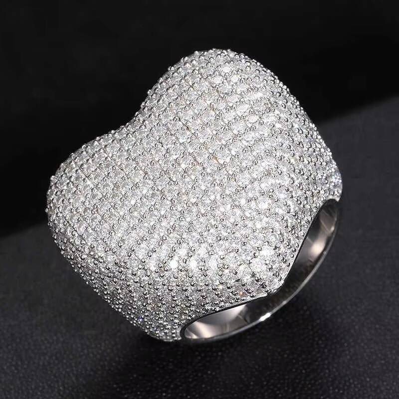 Luxury Moissanite Iced Out Cluster Ring Full Pave Round Cut Stones Statement Ring Hip Hop Style Silver Jewelry Bold