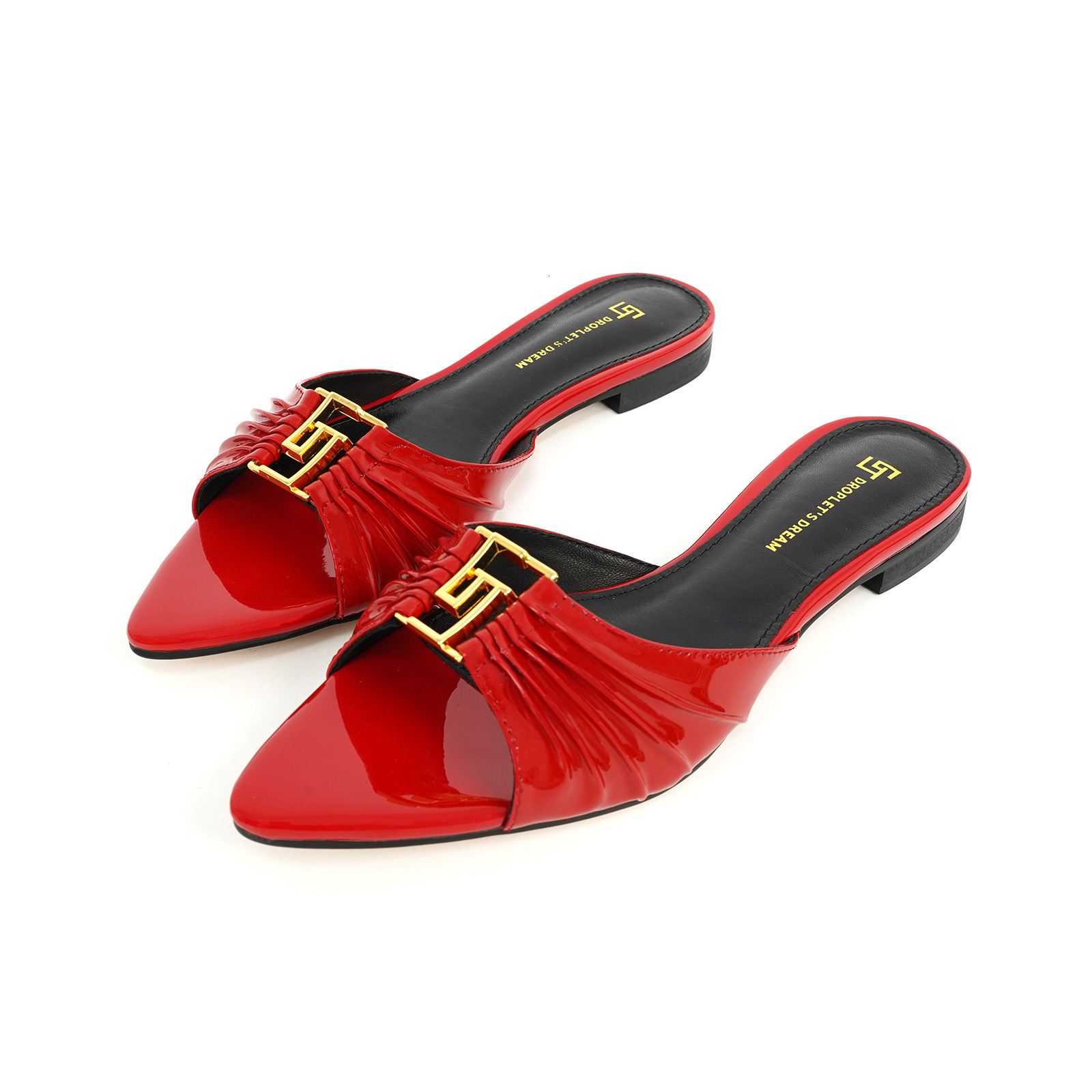 Women Classic Red Metal Buckle Slide Mules, Pointed Toe Pleated Flat Casual Outdoor Daily Dress Slippers