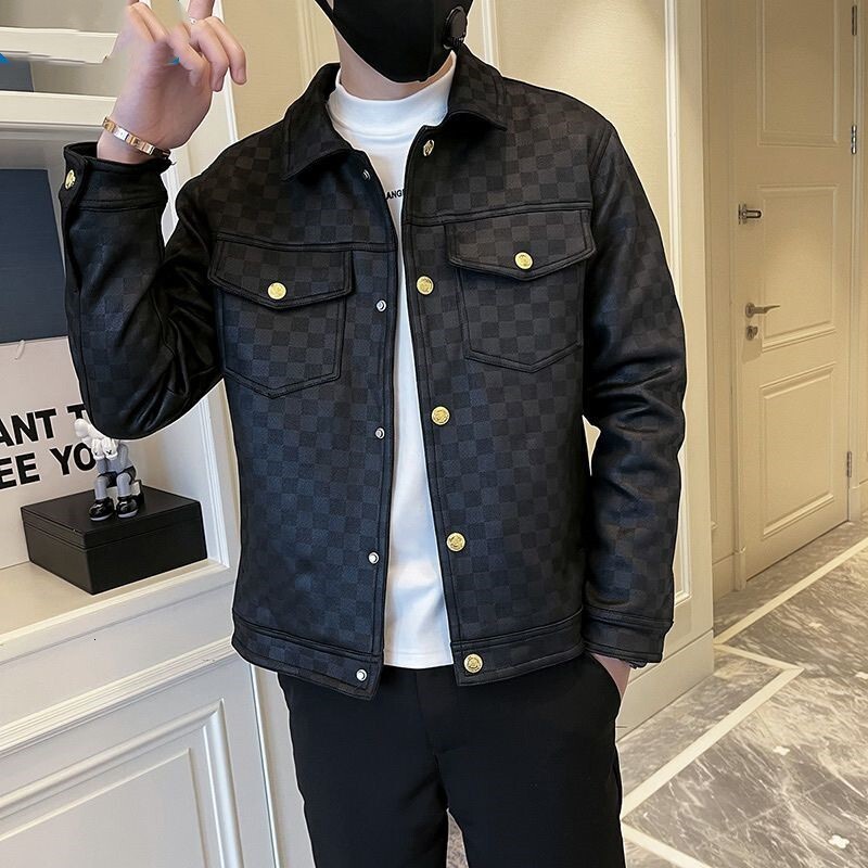 Designer England Style Men's Lapel Jacket, 100% Cashmere Black Checkerboard Coat, Long Sleeve Covered Button, Peter Pan Collar, Daily Outfit