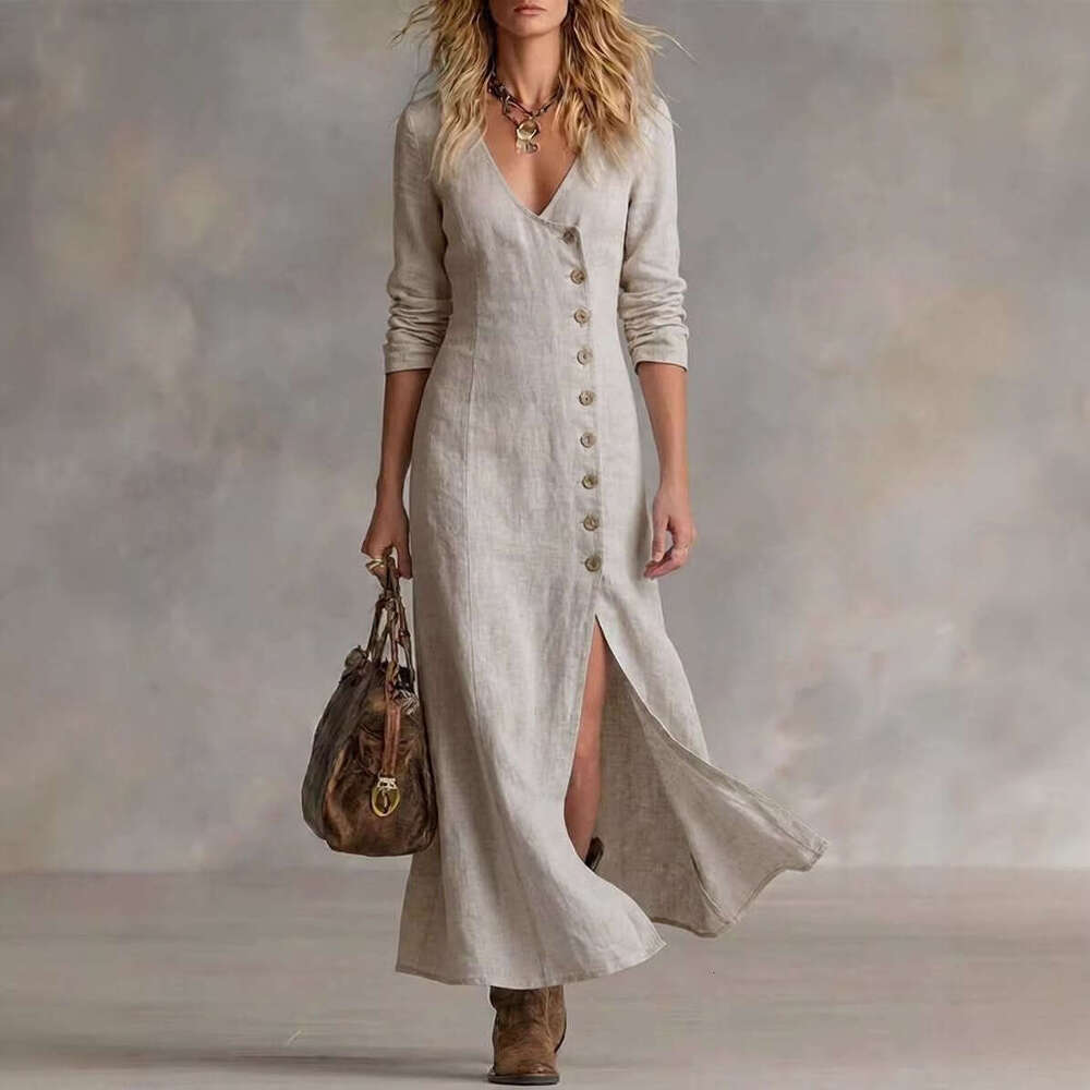 2026 New Spring Summer Casual Fashion Women's Linen Cotton Dress Long Sleeve Button Placket Midi Dress for Amazon Cross-Border MAKOUFEI