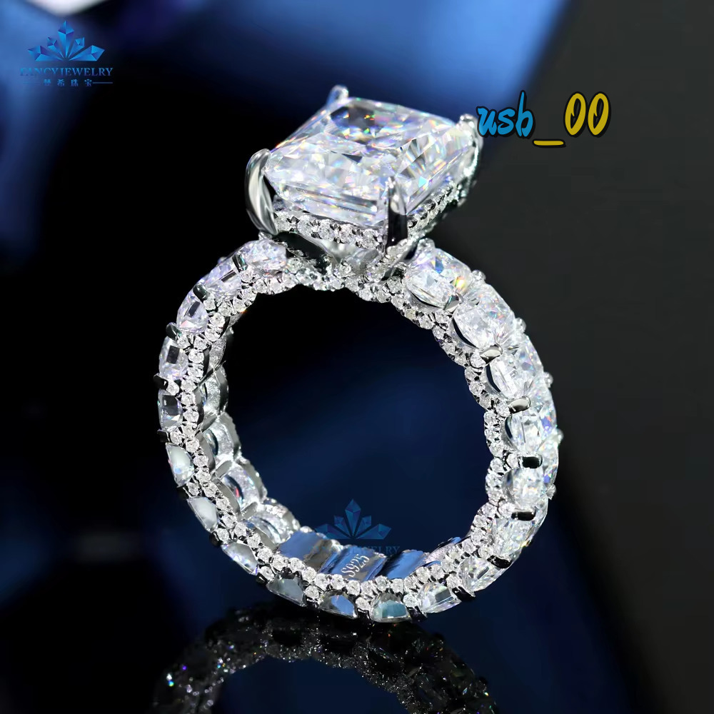 2026 Hot Selling 925 Silver Full Diamond Ring Band 5CT 9x11mm Radiant Emerald Moissanite Diamond Rings with Luxury Design