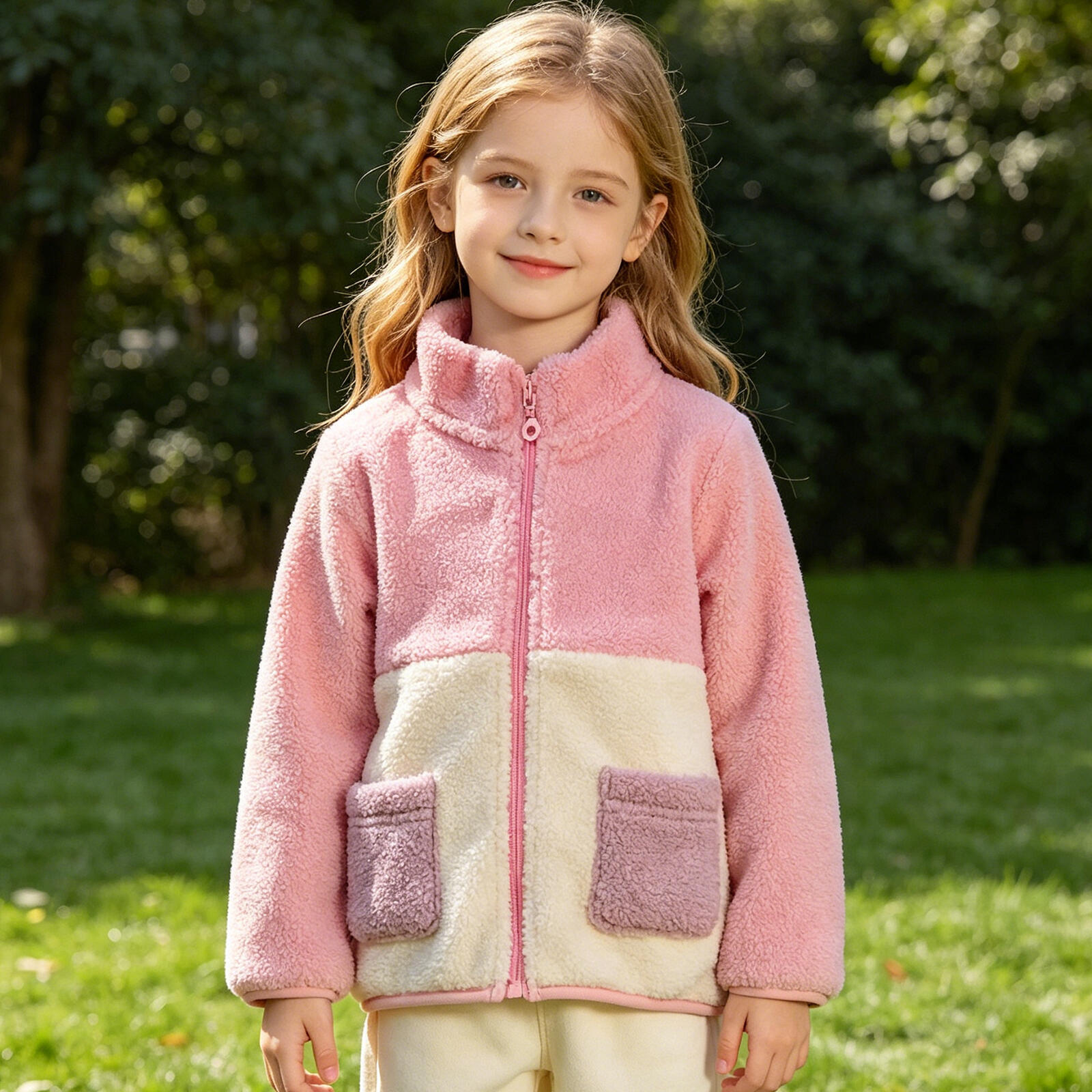 Baby Girls Color Block Sherpa Jacket, Pink & Beige Fleece Zip-Up Coat with Pockets