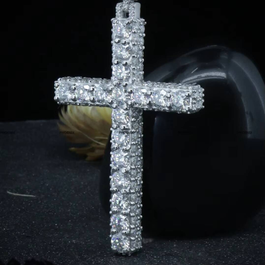 Moissanite Diamond Round Brilliant Cut Cross Pendant Rapper Style 925 Sterling Silver Hip Hop Jewelry by Phoenix Enterprise