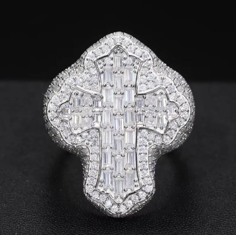 Cross Ring Silver 925 Hiphop Ring with D Color Hand -set Moissanite Plated With Rhodium