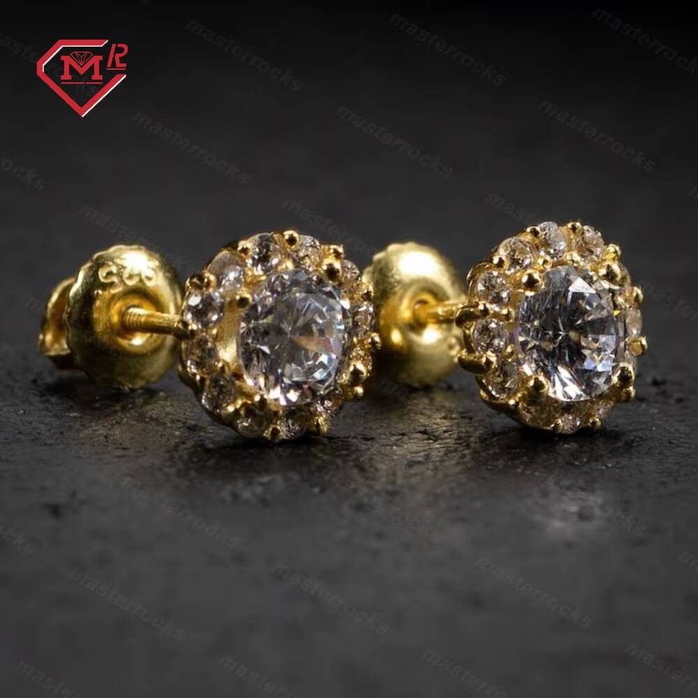 Luxury Silver 925 Yellow Gold Plated Stud Earrings Screw Back Iced Out Round Moissanite Earrings for Men