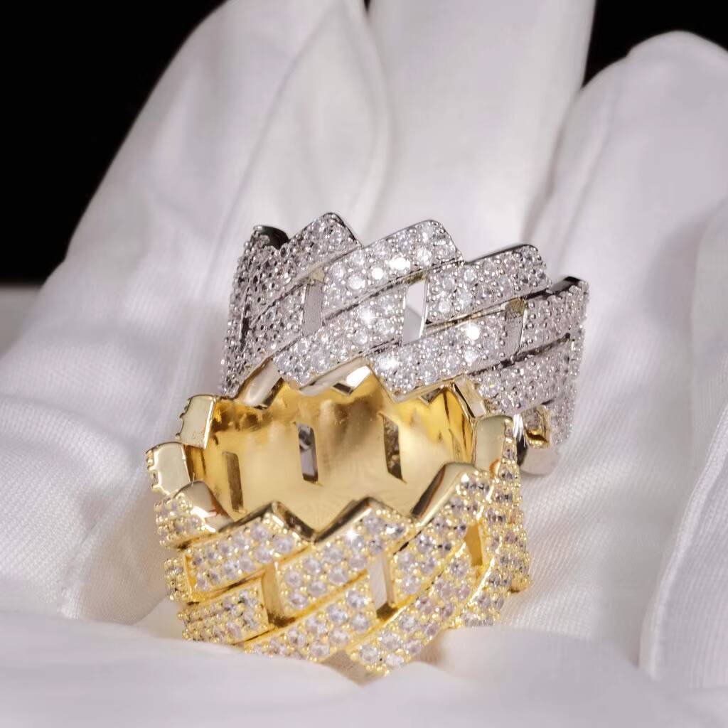 Wholesale Moissanite Ring Mens Stackable Iced Out Hip Hop 14mm 925 Silver Jewelry Vvs Moissanite Cuban Ring