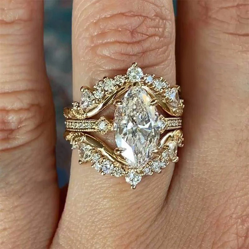 Huitan Gorgeous Marquise Cut Ring for Women 3PcSet Elegant Accessories Female Finger Jewelry Wedding Ceremony Party 260409 - view 3