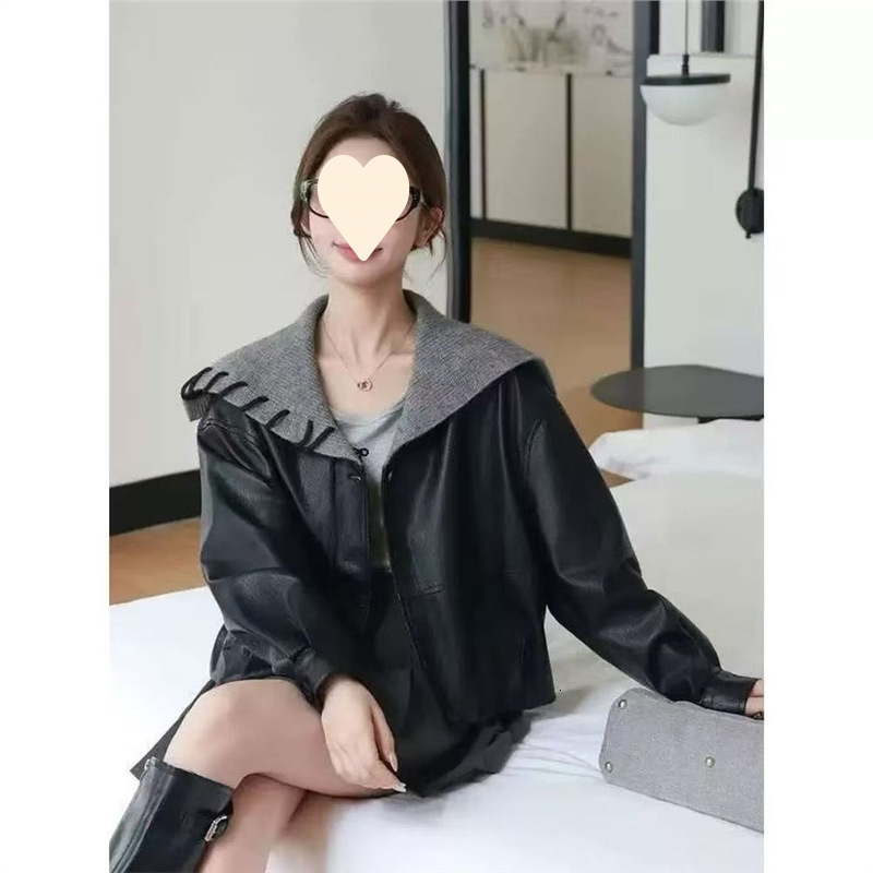 2025 early autumn design navy PU leather jacket for petite individuals casual slim-fit short coat for outerwear 230223