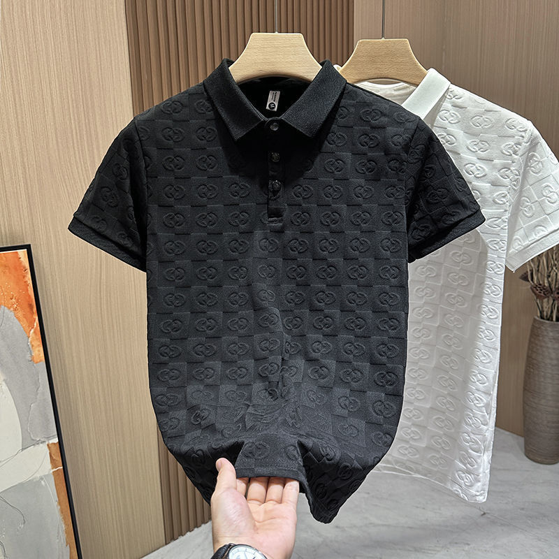 designer Tees 2026 Men's Luxury Monogram Embossed Polo Shirt Casual Slim Fit Short Sleeve Button Placket Top