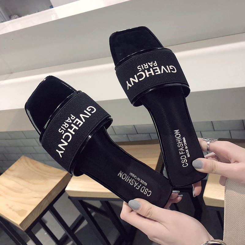 Women's Letter Print Heeled Slides Fashion Slip-on Dress Sandals Korean-style letter print flat summer outdoor wear slip-on sandals for beach