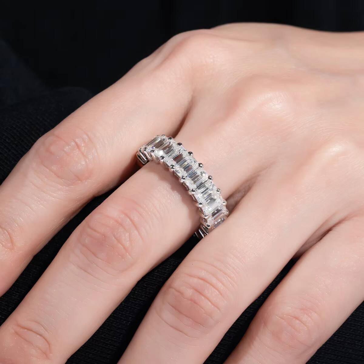 Emerald Cut Moissanite Full Eternity Band 925 Sterling Silver Light Luxury Minimalist Ring Cross-Border Exclusive Wholesale
