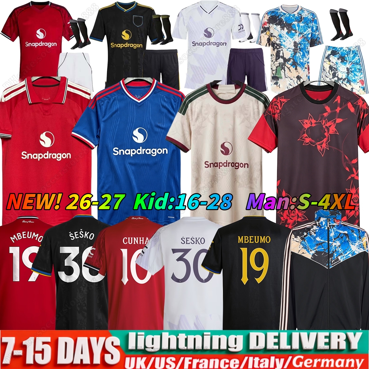 Manchester2026 27 United Stone SESKO MBEUMO CUNHA Soccer Jerseys football shirts B. FERNANES kids kits MAINOO HOJLUND Antony Casemiro shorts tracksuit Home Away