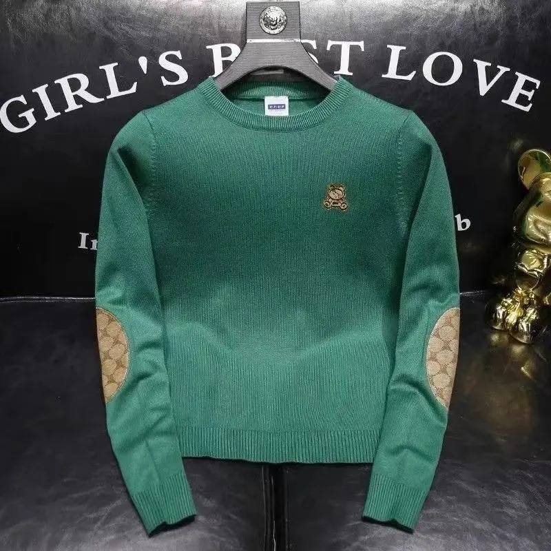 Designer Men's Cashmere Blend Sweater, White Round-Neck Knitwear with Bear Patch Embroidery, Embroidered Cuffs, Long Sleeve Batwing Punk Style - view 5