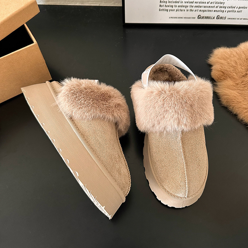 Women's Winter Platform Mules Faux Fur Lined Suede Warm Slippers New Thick-Soled Height-Increasing Snow Boots for Women Closed-Toe Suede Non-Slip