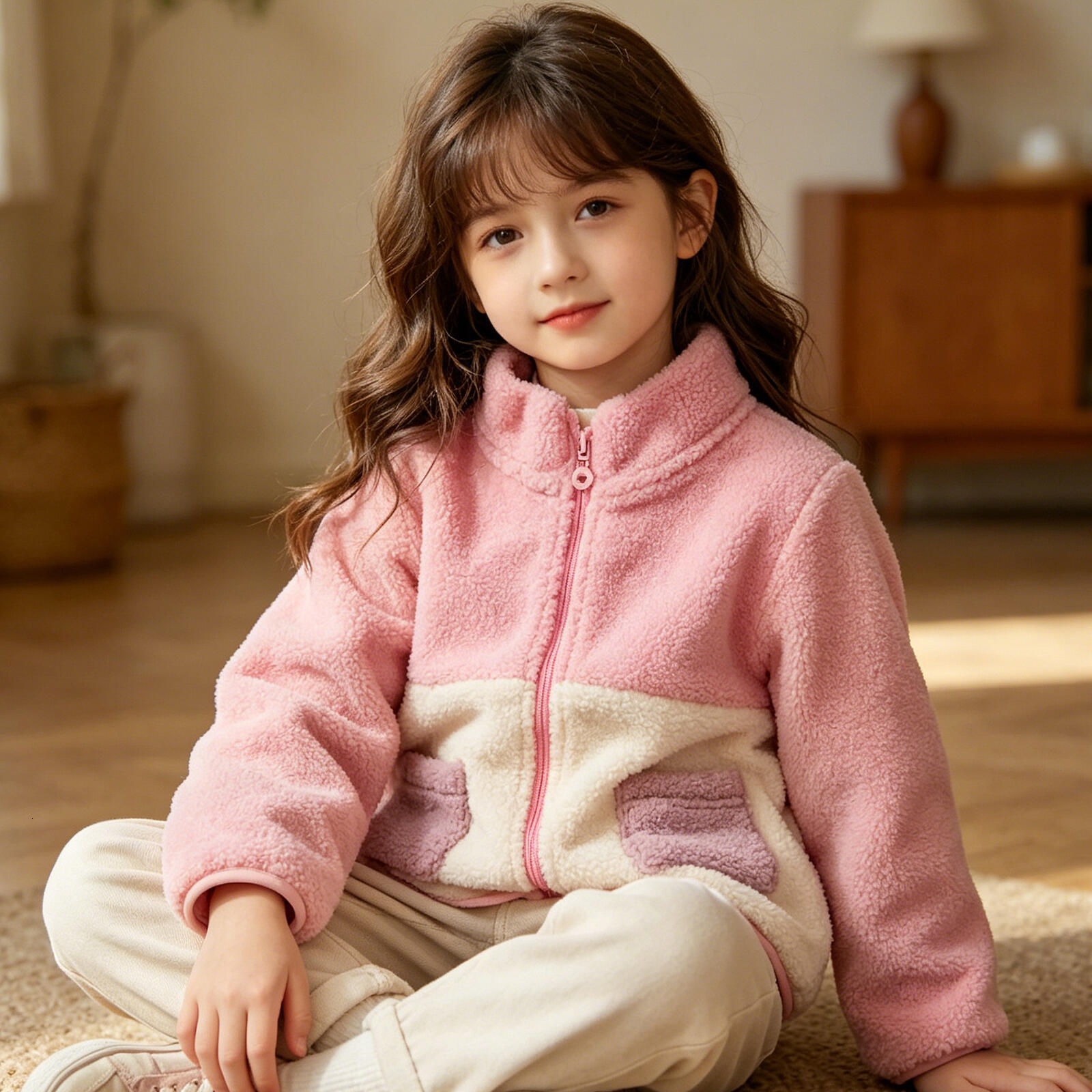 Baby Girls Color Block Sherpa Jacket, Pink & Beige Fleece Zip-Up Coat with Pockets