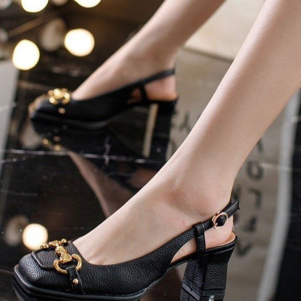 Women's Green Leather Sandals Metal Buckle Square Toe Plus Size Retro Square Toe High Sandals for Women New Style Horsebit Chunky Single Shoes