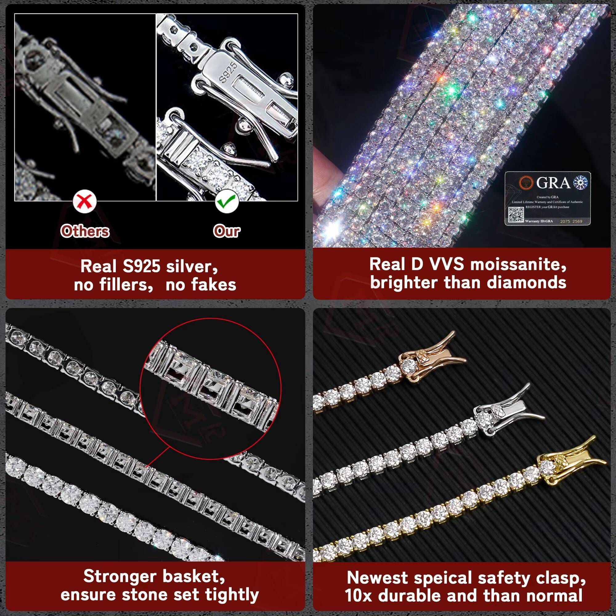 Local Stock 3mm 4mm 5mm 6mm Tennis Bracelet 925 Silver Iced Out Men Women Moissanite Bracelets