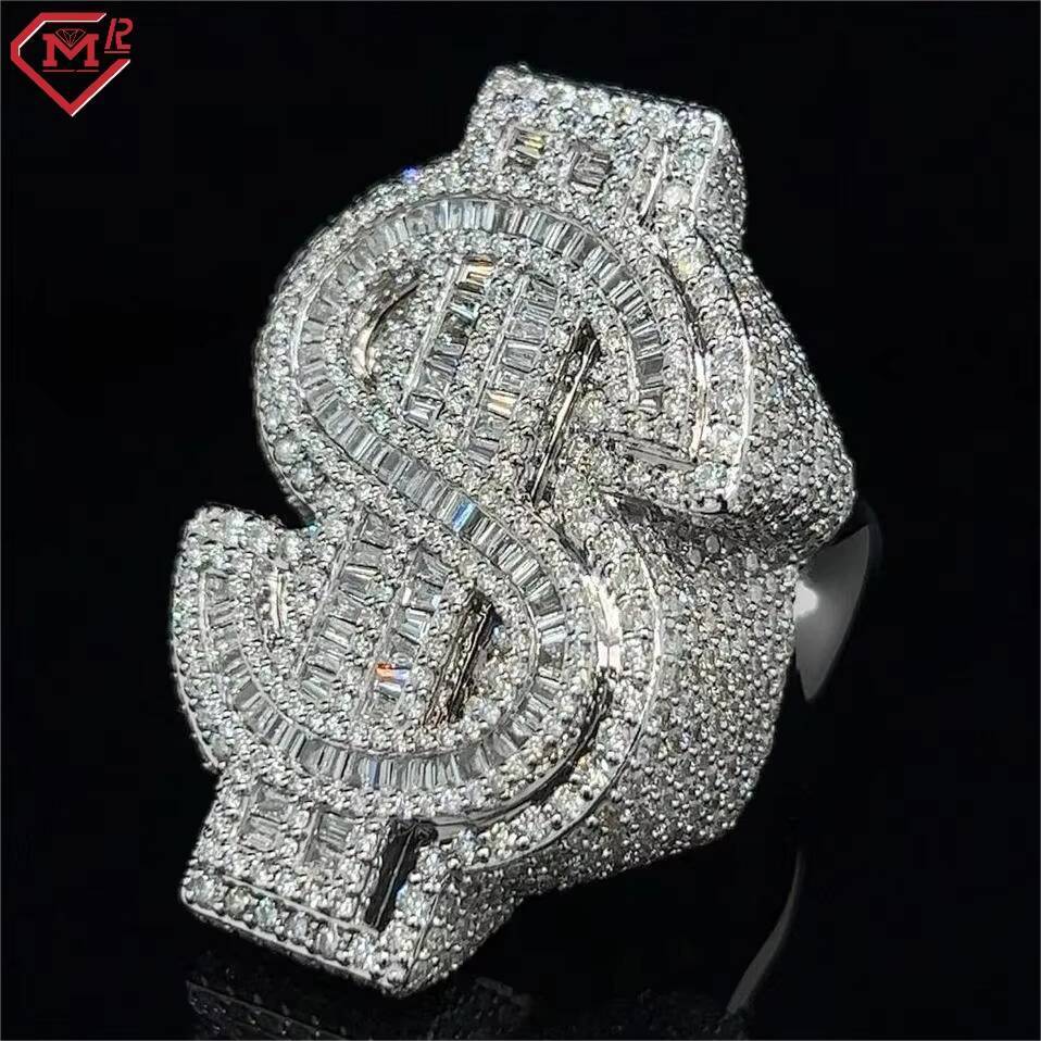 Hot Sale Custom Hip Hop Men Ring Money Be Rich Baguette Cut Gold Plated 925 Sterling Silver Vvs Moissanite Ring