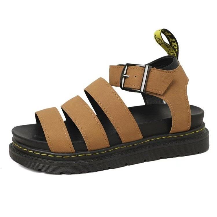 Women Black Leather Platform Gladiator Sandals, Multi Strap Ankle Buckle Adjustable Yellow Stitch Chunky Open Toe Summer Punk Gothic Casual Shoes