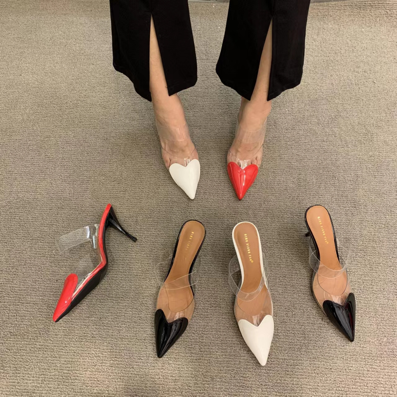 Spring New Fashion Simple Patent Leather Heart-Shaped Pointed Toe Mules For Women, Thin Heel High-Heeled Closed-Toe Sandals