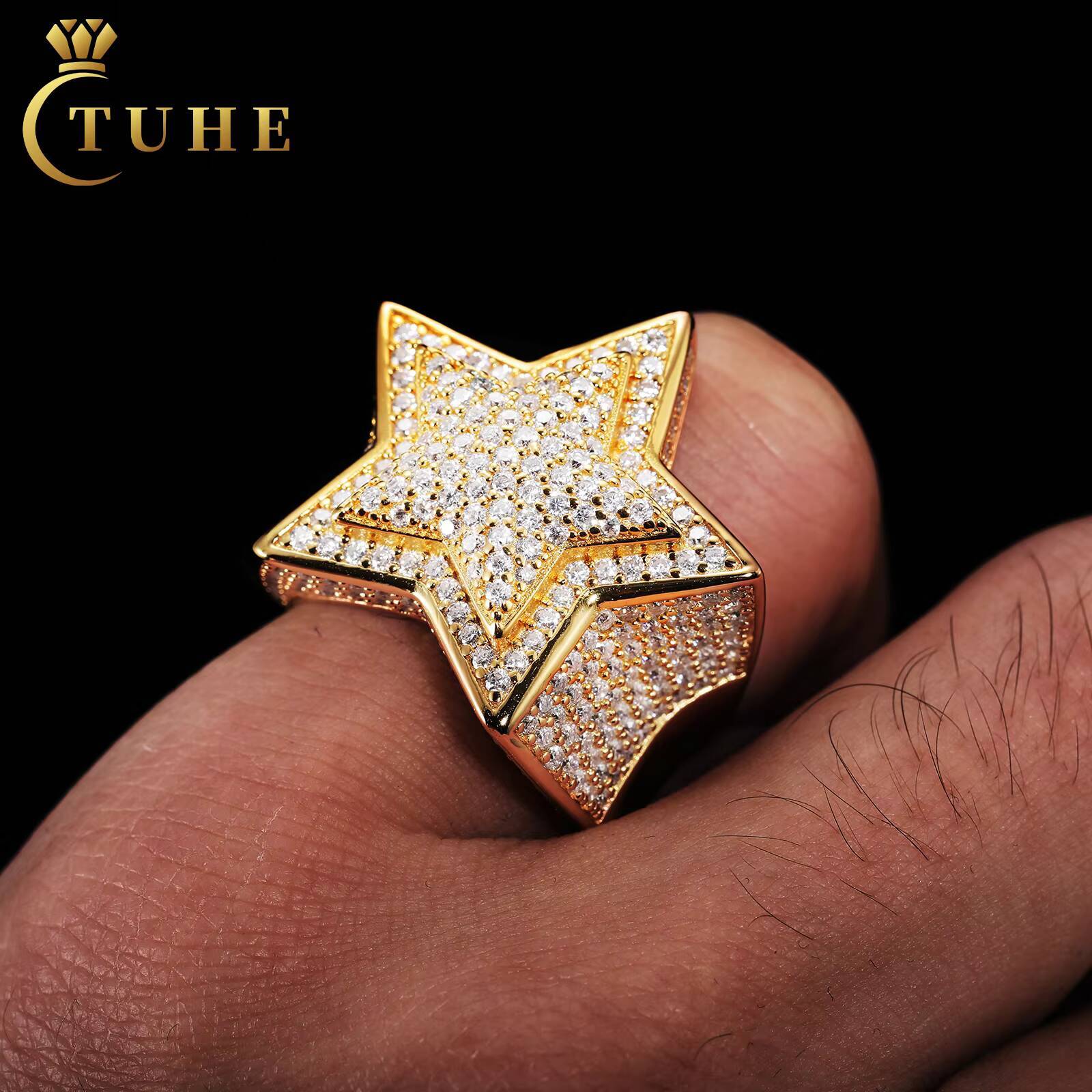 Pass Diamond Tester Moissanite Star Ring Gold Plated 925 Sterling Silver VVS Mossanite Iced Out Hip Hop Jewelry for Men Women