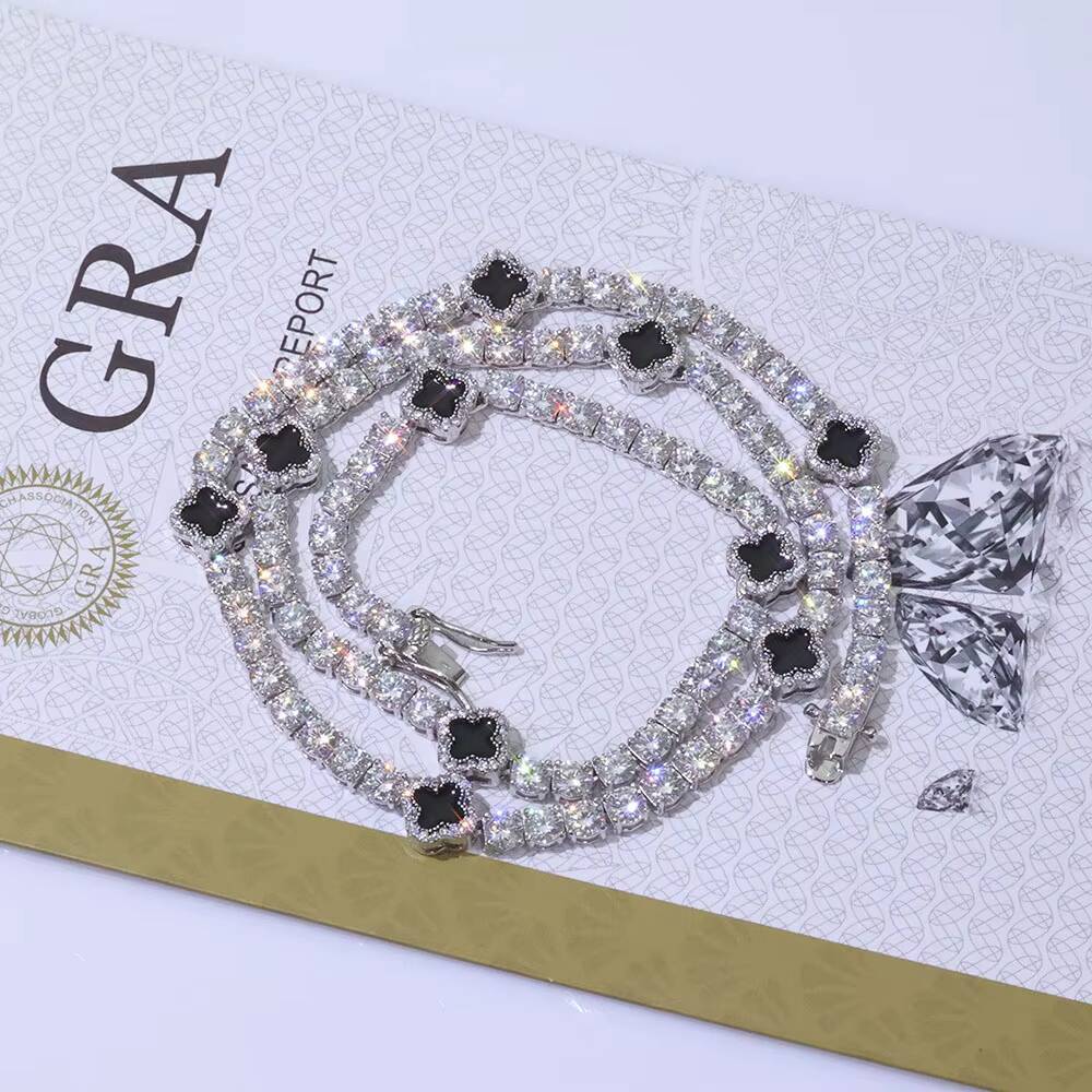 NUOYA 4mm Iced Out VVS Moissanite Tennis Chain 925 Silver Necklace Black Four Leaf Clover Hip Hop Jewelry Gift