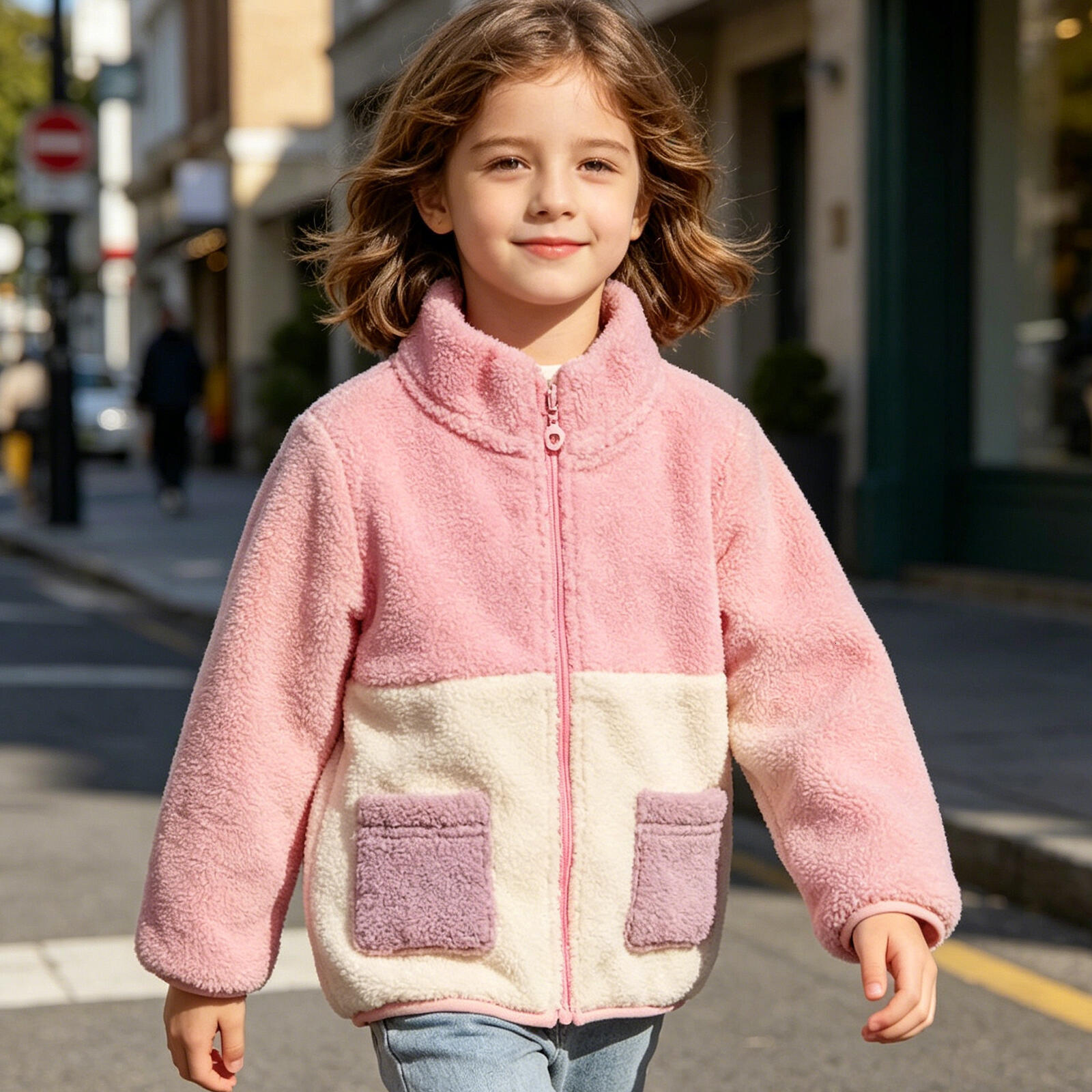 Baby Girls Color Block Sherpa Jacket, Pink & Beige Fleece Zip-Up Coat with Pockets