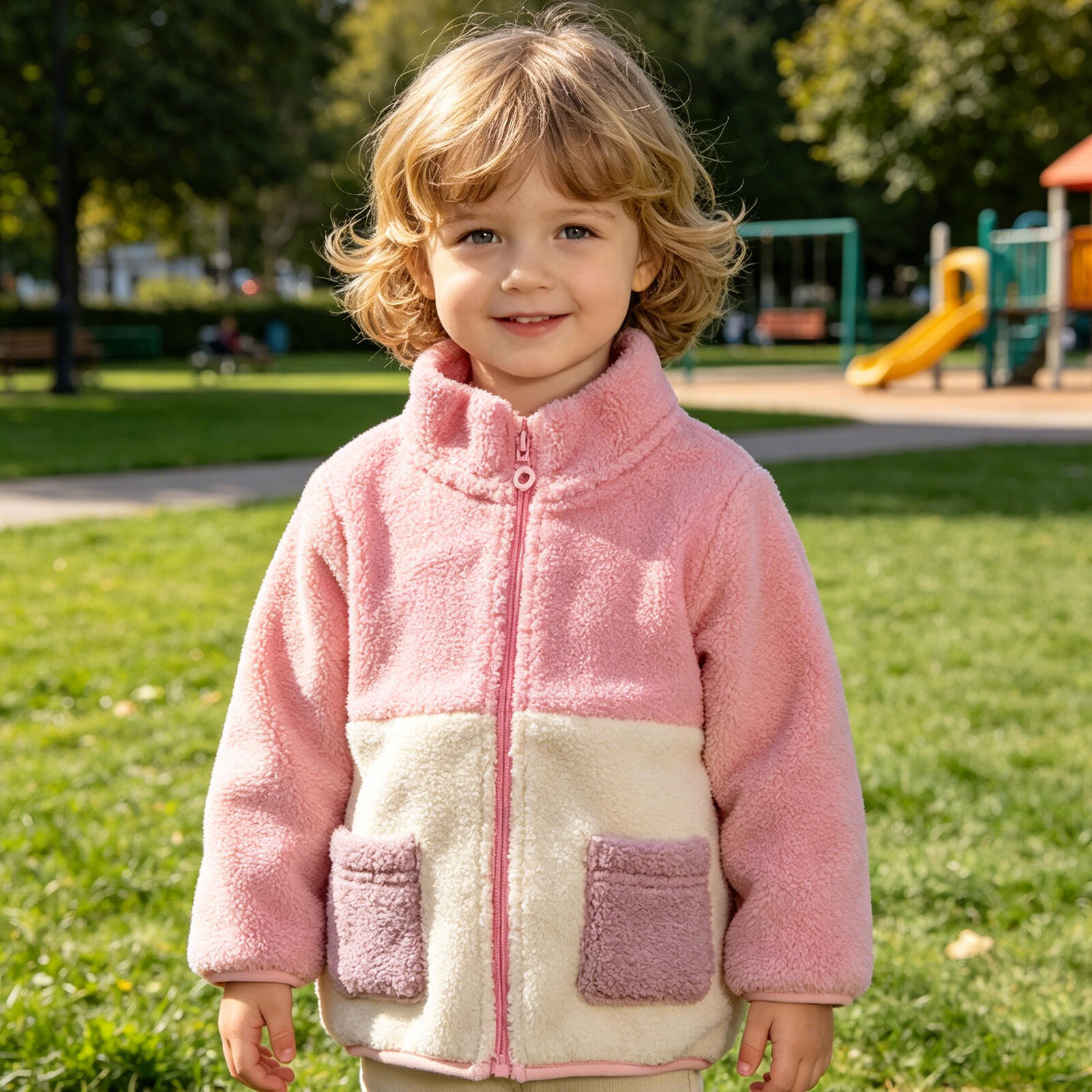 Baby Girls Color Block Sherpa Jacket, Pink & Beige Fleece Zip-Up Coat with Pockets