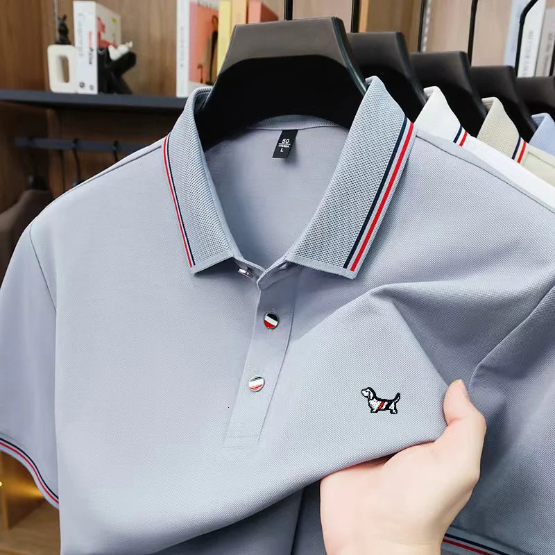 y Man ShortSleeved Polo Shirt Lapel Button SilkContaining Dog Embroidery British Style TShirt Outdoor Leisure Mens Wear 260410