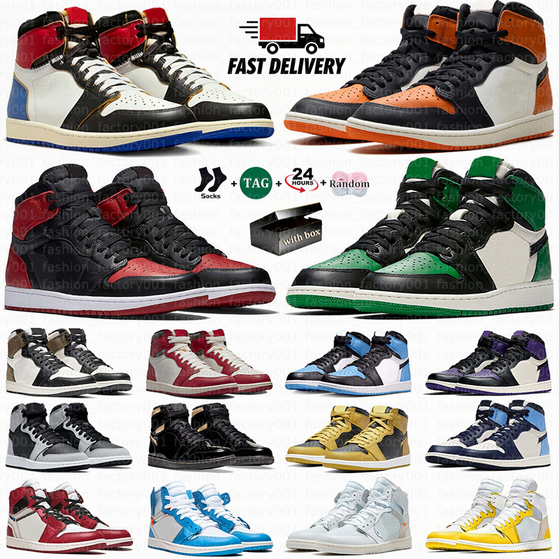 With box 1 1s Basketball Shoes Varsity Red Shattered Backboard UNC Dark Mocha Shadow University Blue Black Toe Pine Green Mens Women Trainer Sneakers