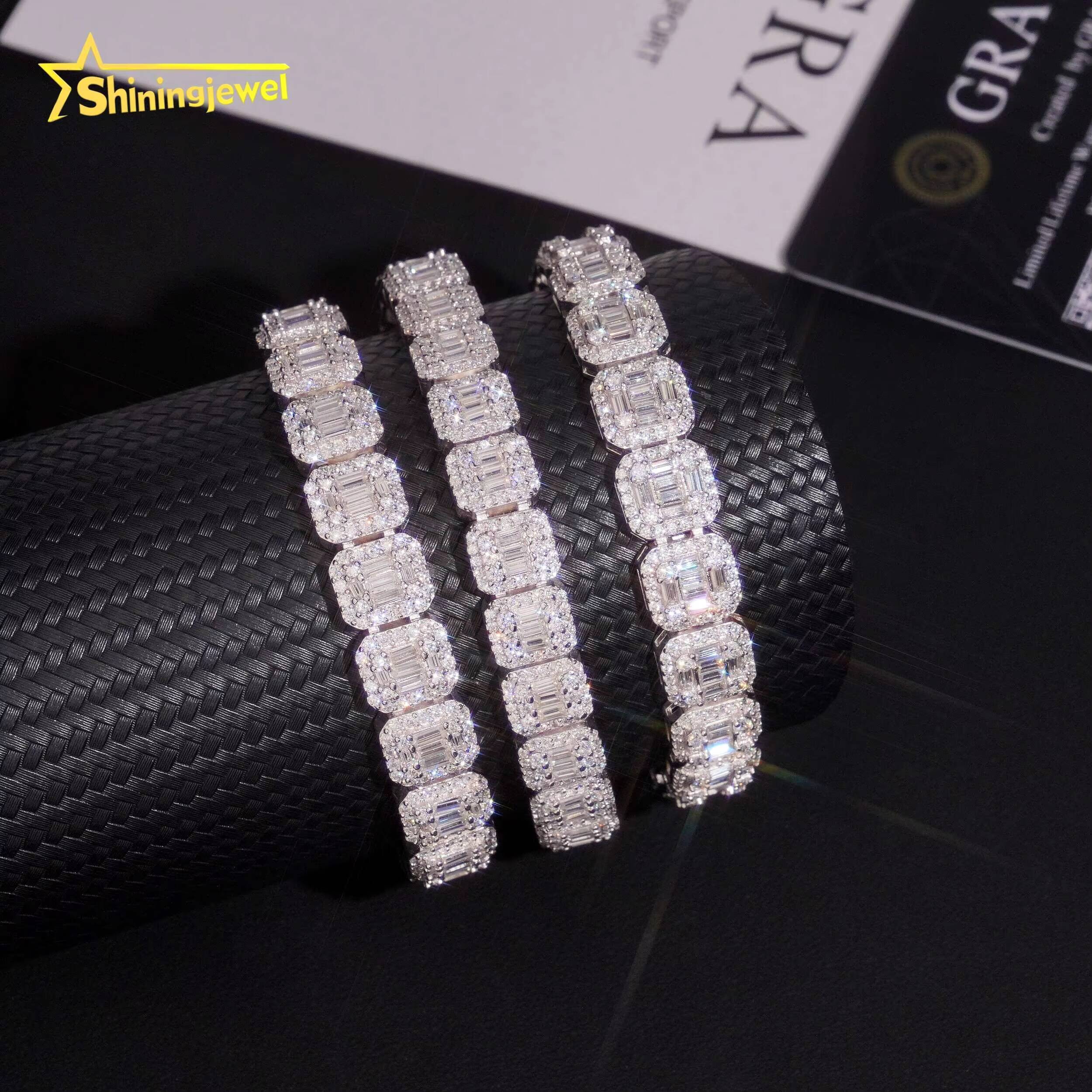 3 Styles Fashion Men 10mm Baguette Cut VVS Moissanite Solid 925 Silver Hip Hop Jewelry Iced Out Cuban Link Chain Bracelet