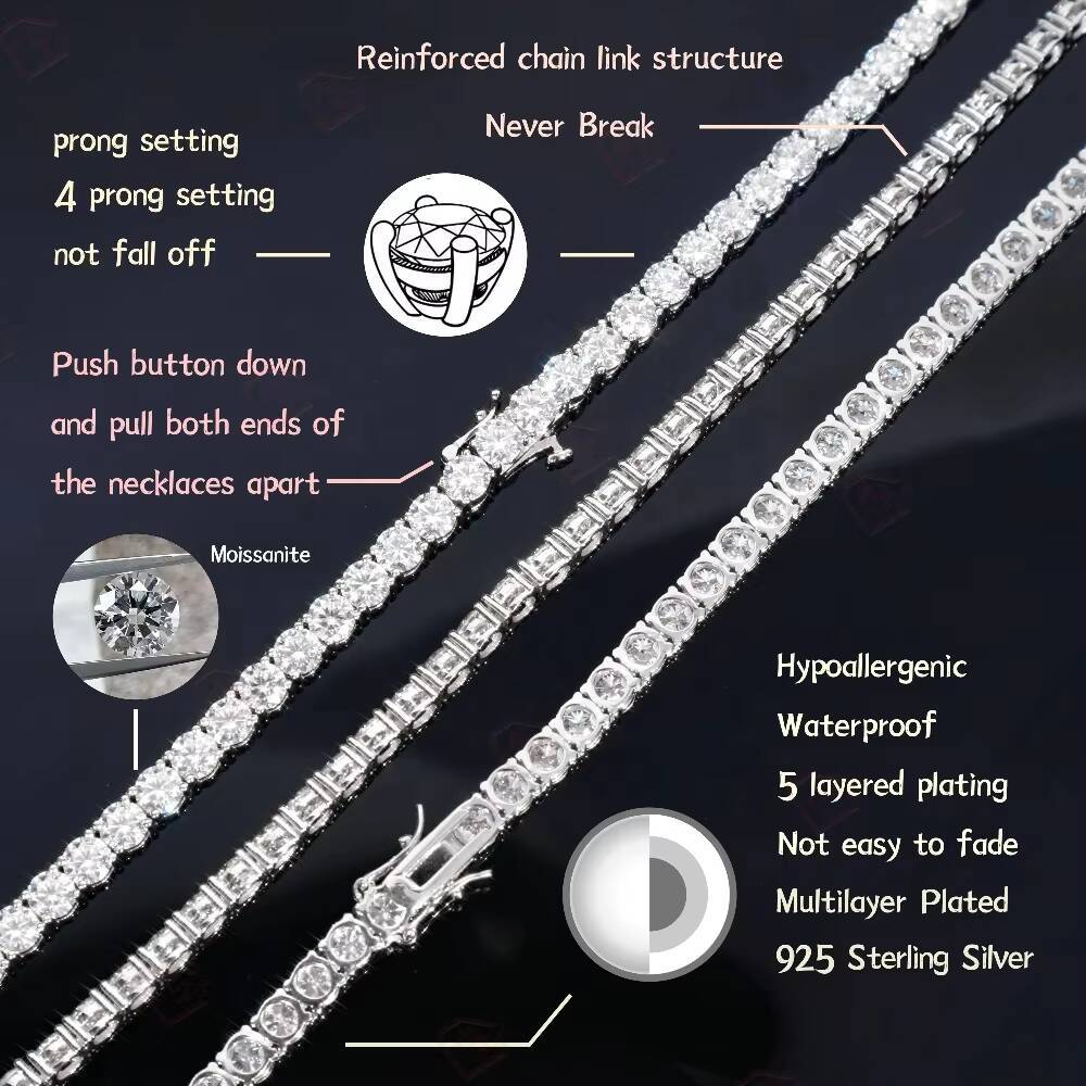 3mm 4mm 5mm VVS Iced Out Chain Tennis Necklace White Gold 925 Sliver Moissanite Tennis Chain