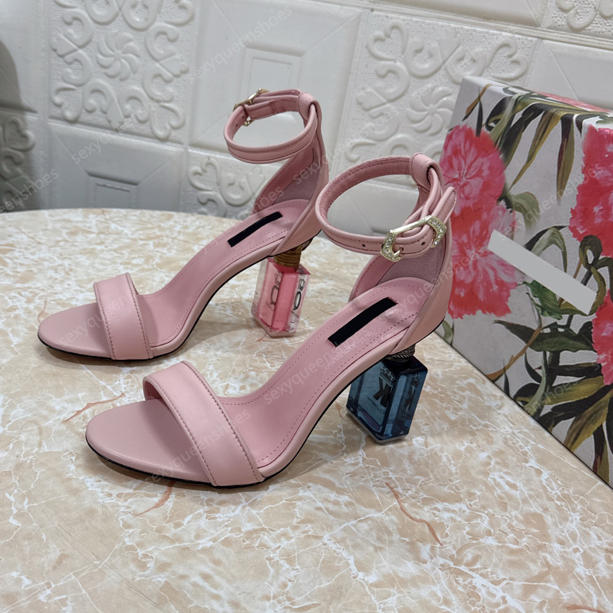 Fashion Shaped Square Heel Sandals Women Leather Luxury Designer Shoes Casual Ankle Strap perfume Bottle High Heel Party Formal Shoes With Box Size 35-43