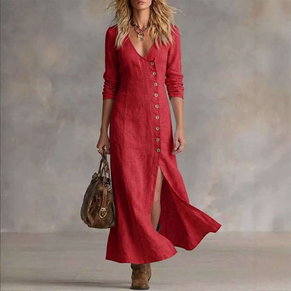 2026 New Spring Summer Casual Fashion Women's Linen Cotton Dress Long Sleeve Button Placket Midi Dress for Amazon Cross-Border MAKOUFEI