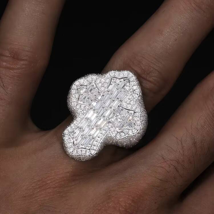 Cross Ring Silver 925 Hiphop Ring with D Color Hand -set Moissanite Plated With Rhodium
