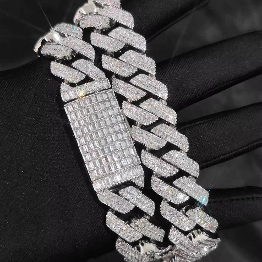 Collar y Pulsera Personalizados de Eslabn Cubano de Miami de 20 mm con 2 Hileras de Circonitas Cbicas Baguette Heladas Joyera Bling de Latn Estilo Hip