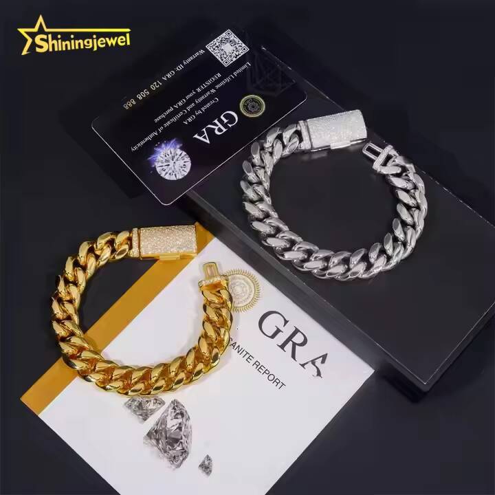 PVD Plated 14MM 316L Stainless Steel Cuban Chains 925 Silver VVS Moissanite Lock Fashion Men Hip Hop Necklace Bracelet